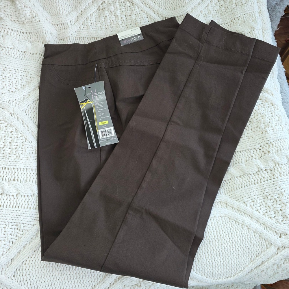 Slim-Sation Pull On Tummy Control Narrow‎ Leg Pants Brown Womens 4 NWT